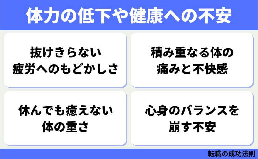 仕事辞めたい30代女性の退職 転職 カシコイ次の一歩の進み方-体力の低下や健康への不安