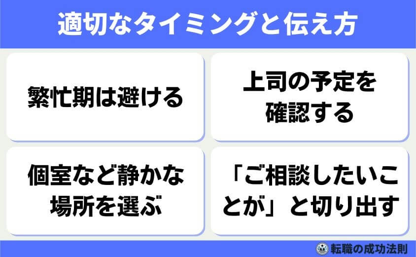 引き止められない退職理由 6タイプと例文-適切なタイミングと伝え方-退職を伝える時期と伝え方にも、配慮が必要です。無用な反発を避け、落ち着いて話せるタイミングを選びましょう。ココを踏み違えると、引き留められる確率が高くなります。