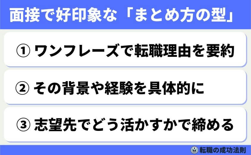 5つの鉄則で好印象な転職理由 面接官に刺さる回答例文-面接で好印象を残すには、「まとめ方の型」を1つ持っておくと便利です。おすすめは「要約 → 具体例 → 志望先での貢献」の順に話す方法です。話の流れがきれいに整理され、面接官にもスッと伝わります。