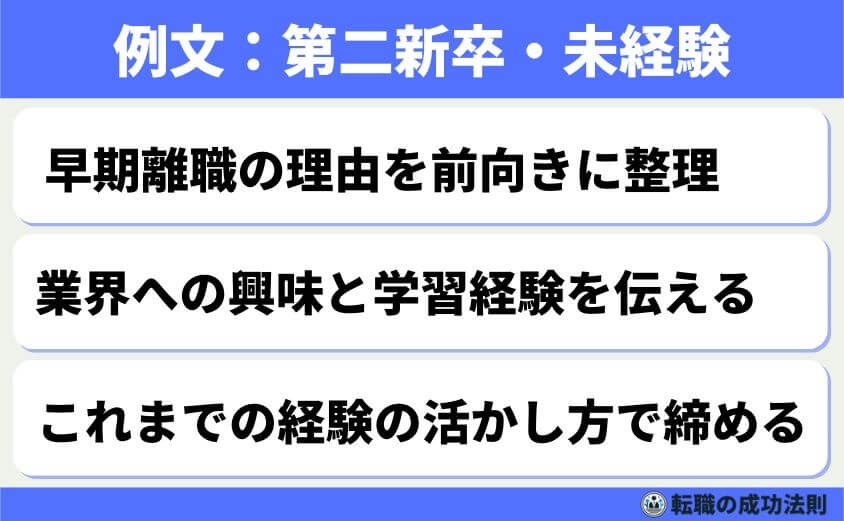 5つの鉄則で好印象な転職理由 面接官に刺さる回答例文-第二新卒や未経験からの転職では、「なぜ早く辞めるのか」「なぜこの業界に？」の2点が見られます。そのため、自己分析の深さと、学び直しの姿勢を具体的に示すことが重要です。さらに「これまでの経験も活かせる」ことを伝えれば、即戦力としても期待されます。