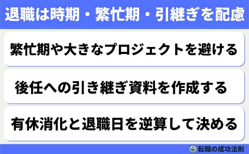 5つの鉄則で好印象な転職理由 面接官に刺さる回答例文-退職を伝えるタイミングは、業務やチームに影響が出ない時期を選ぶのが理想です。特に繁忙期を避けること、そして「引き継ぎまで完了させる意思」を伝えることが信頼につながります。退職時期の目安は、引き継ぎと有休消化を加味して、最低でも1.5〜2か月前が安心です。