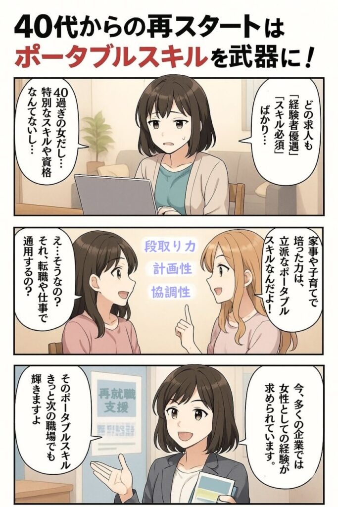 40代スキル資格なし女性におススメの転職法と未経験優遇職種9選-マンガ