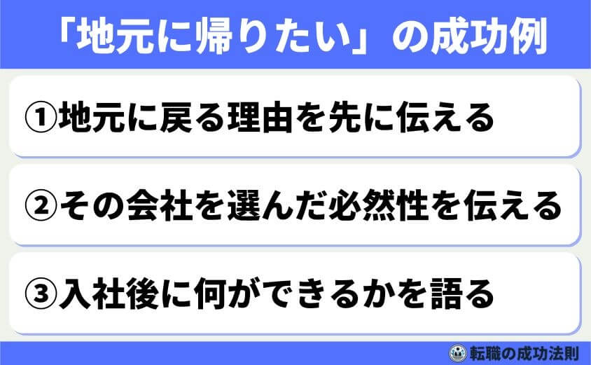 三段構成:①地元に戻る背景 ②この会社の必然性 ③入社後の貢献・定着意欲