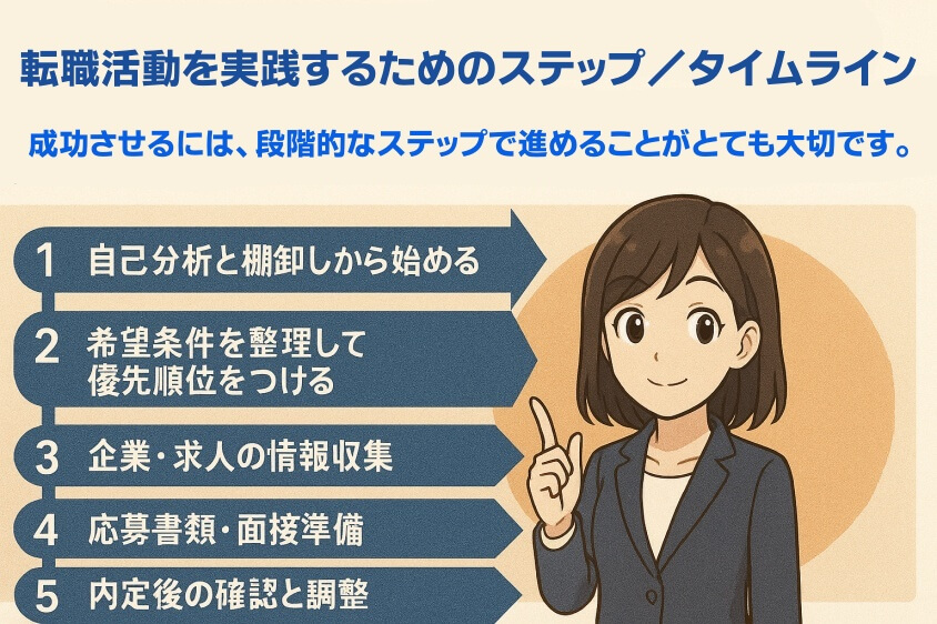 転職活動を実践するためのステップ／タイムライン-20代既婚子なしの転職 成功事例と失敗事例にみる転職マニュアル