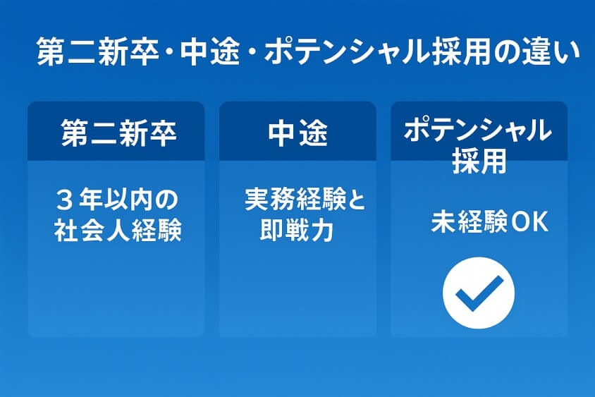 第二新卒・中途・ポテンシャル採用の違い-【たった5つの秘策】20代が短期で転職できた成功例を徹底解説