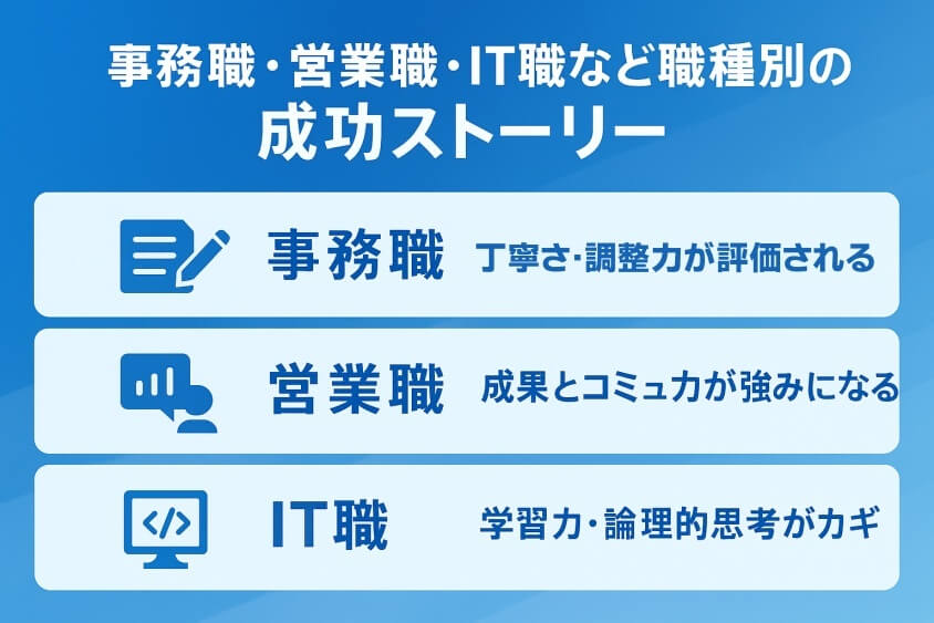 事務職・営業職・IT職など職種別の成功ストーリー-【たった5つの秘策】20代が短期で転職できた成功例を徹底解説