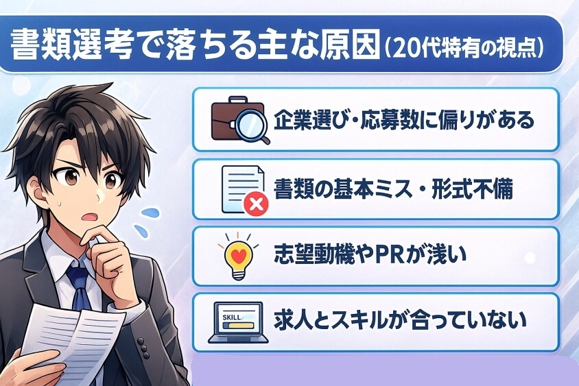 書類選考で落ちる主な原因（20代特有の視点）-20代の転職書類選考通過をアップ! 成功テクと10人の成功体験談
