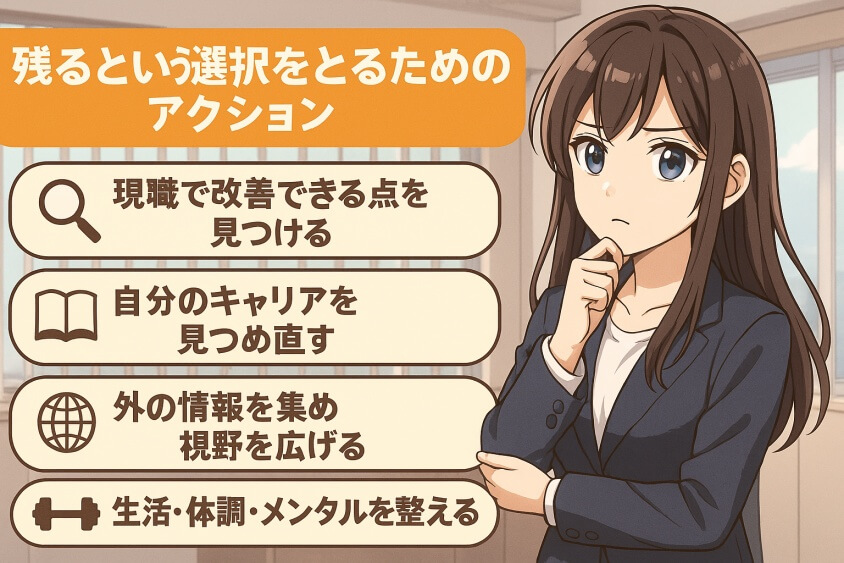 残るという選択をとるためのアクション-転職しないほうがいい人の特徴15選＆確実に転職するための行動5選