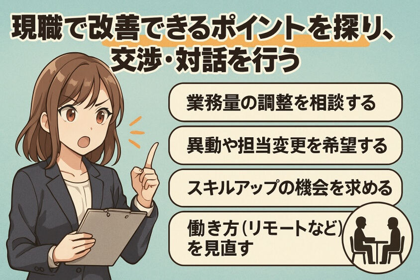 現職で改善できるポイントを探り、交渉・対話を行う-転職しないほうがいい人の特徴15選＆確実に転職するための行動5選