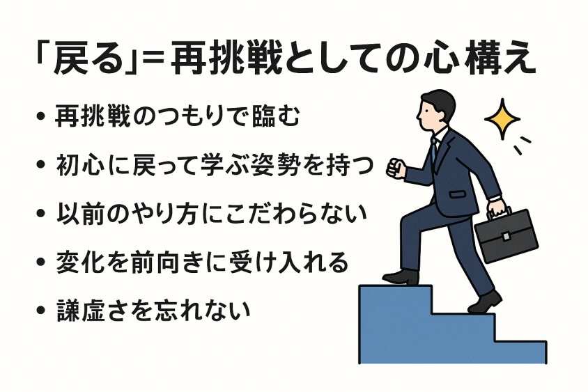 「戻る」＝再挑戦としての心構え：前とは違うという認識-出戻り転職の恥ずかしいが消える！企業が歓迎する意図と成功事例公開