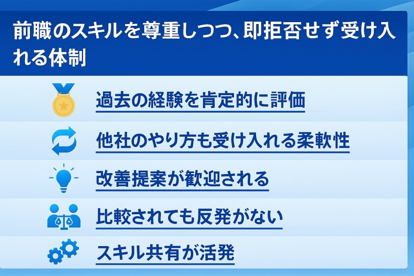 前職のスキルを尊重しつつ、即拒否せず受け入れる体制-転職回数を気にしない業界・業種12選 転職のコツ大公開！