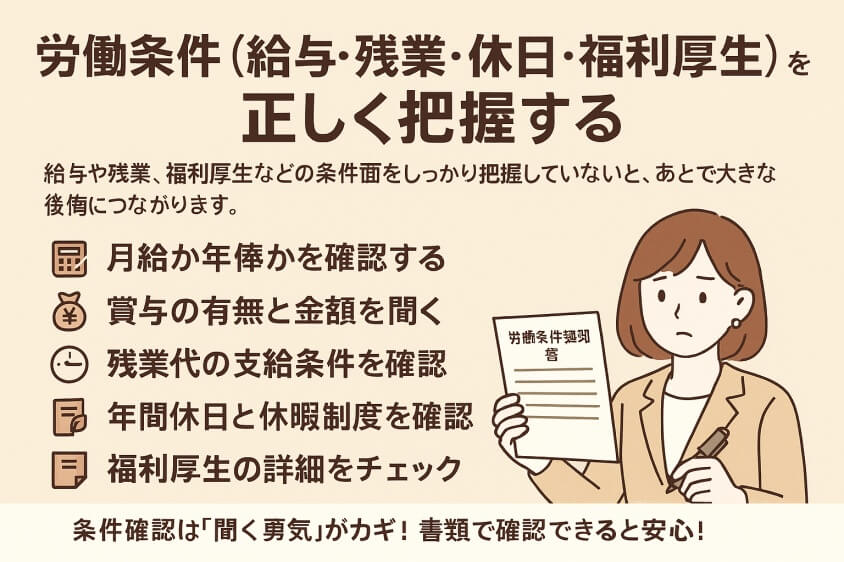 【転職失敗で後悔】…次こそ「成功の4つの転職術」-労働条件(給与・残業・休日・福利厚生)を正しく把握する