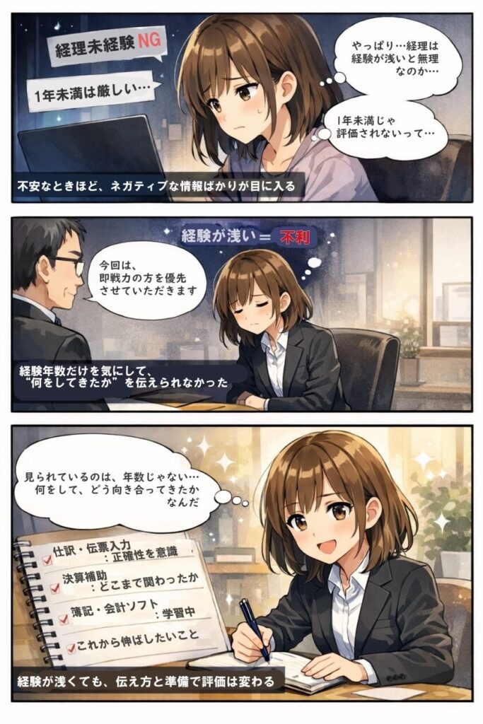 経理職が未経験や浅い経験でも大丈夫！転職成功の鍵と面接突破法-マンガ