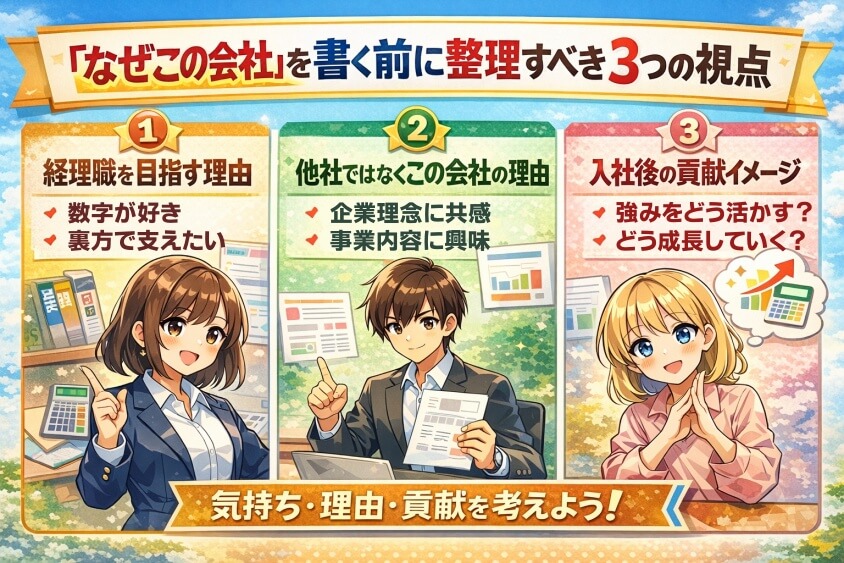 「なぜこの会社」を書く前に整理すべき3つの視点-経理職に向けた志望動機事例集：なぜこの会社を選ぶのか？