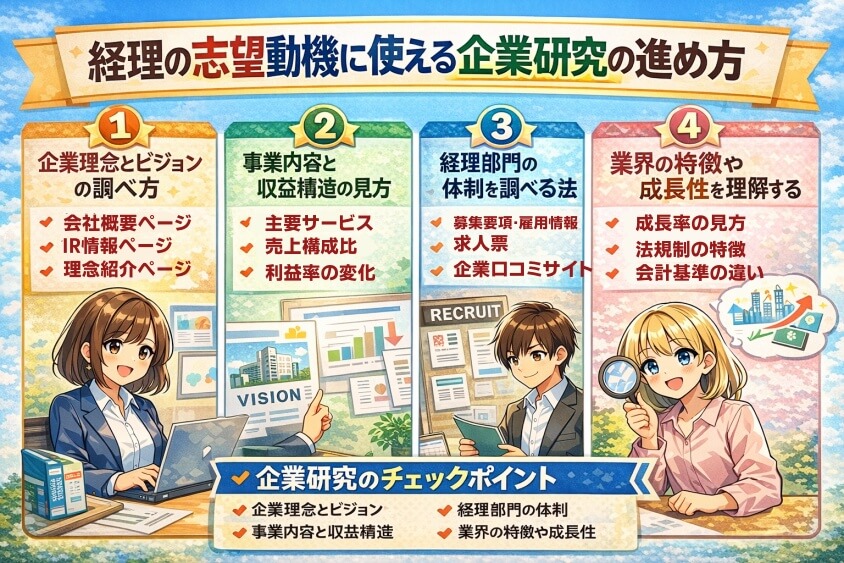 経理の志望動機に使える企業研究の進め方-経理職に向けた志望動機事例集：なぜこの会社を選ぶのか？