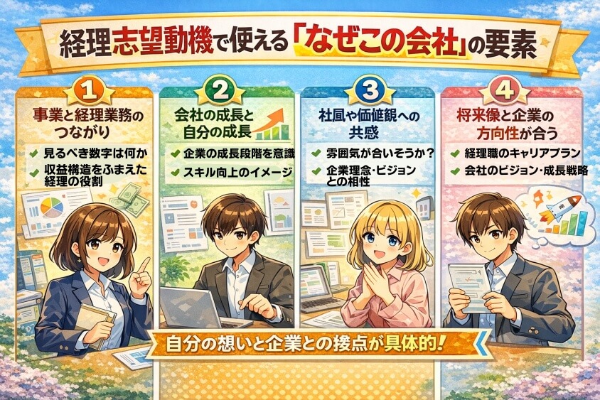 経理志望動機で評価される「なぜこの会社」の要素-経理職に向けた志望動機事例集：なぜこの会社を選ぶのか？