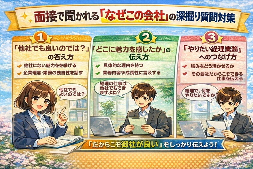 面接で聞かれる「なぜこの会社」の深掘り質問対策-経理職に向けた志望動機事例集：なぜこの会社を選ぶのか？