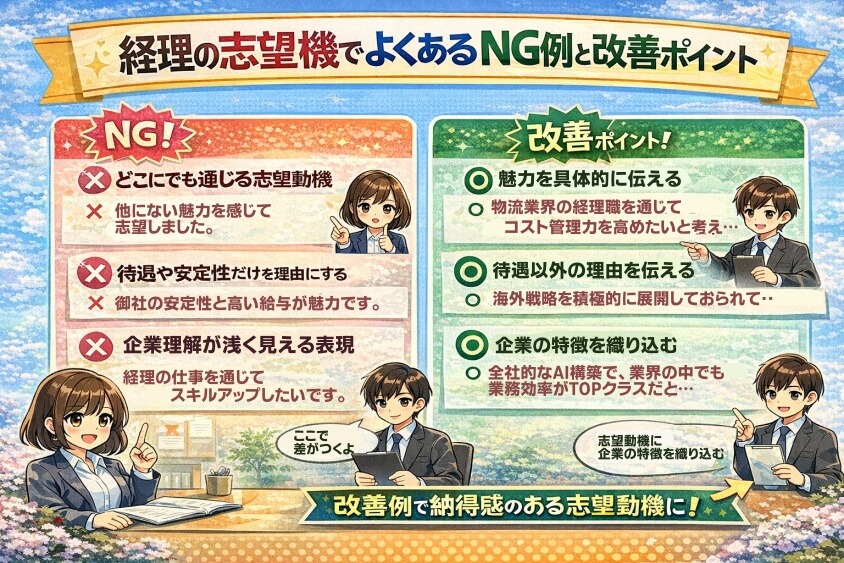 経理の志望動機でよくあるNG例と改善ポイント-経理職に向けた志望動機事例集：なぜこの会社を選ぶのか？