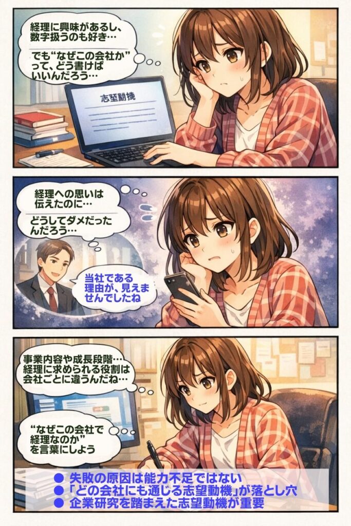 経理職に向けた志望動機事例集：なぜこの会社を選ぶのか？-マンガ